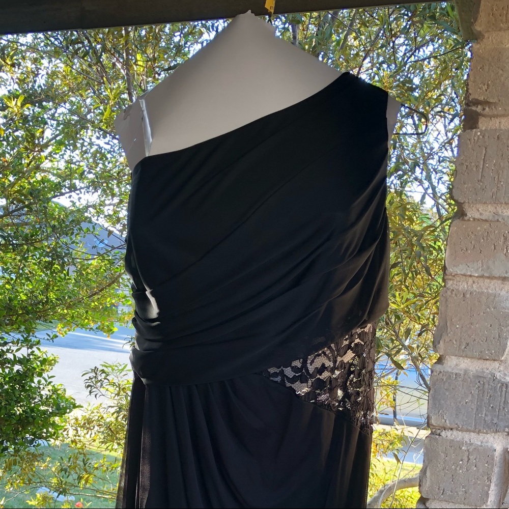 Black floor-length one-shoulder bridesmaids dress